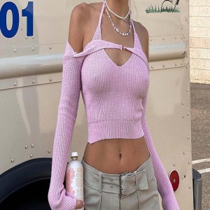 Factory custom 2023 summer pink V neck irregular halter neck long sleeves sexy fashion short knitted women's sweater