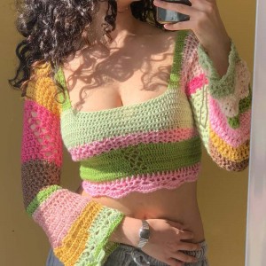 Women Crochet Knit Mesh Sweater Square Neck Long Sleeve Color Block Pullover Crop Tops Blouse Tops Backless Tie Up Tees Sweater