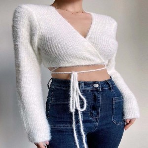 Sexy Deep V-neck High Waist Short Knitted Cardigan Sweater