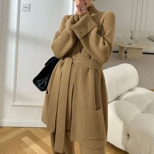 Winter 2023 New Design High Neck Pullover Knitted Cardigan Long Sleeve Wide Leg Pants 3 Sets Women Sweater