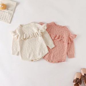 Autumn and winter new girls\\\' baby knitted jumpsuit hollowed out long-sleeved knitted button jumpsuit