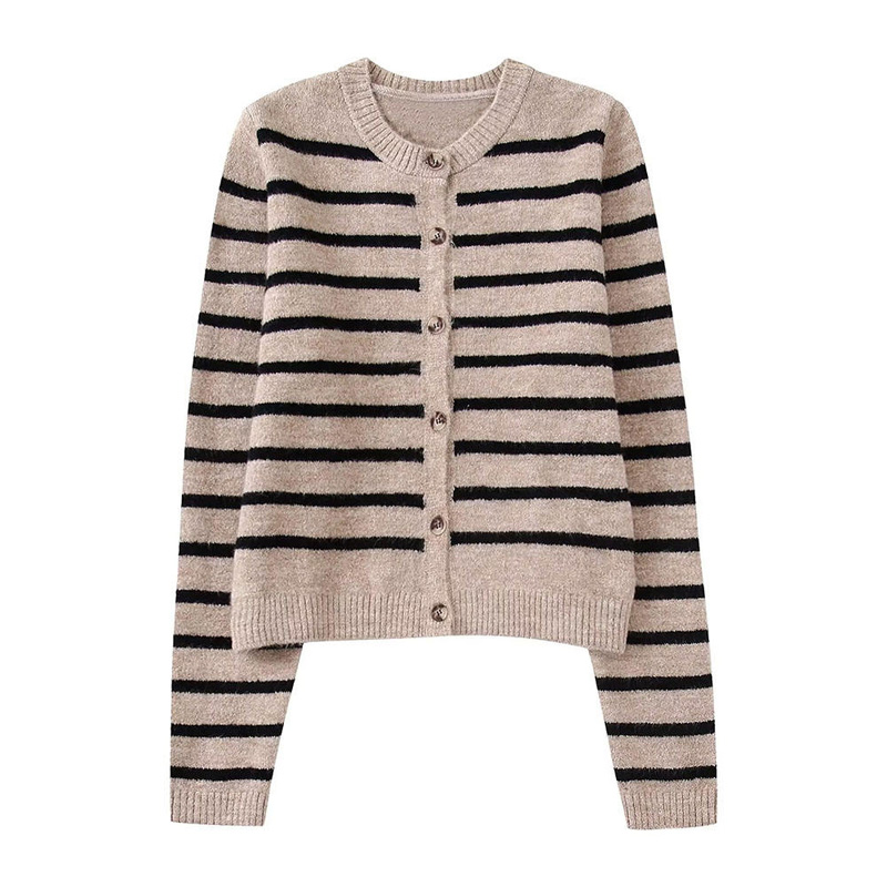 Autumn New Fashion Striped Knitted Sweater Cardigan Vintage Long Sleeve Button Up Female Sweaters