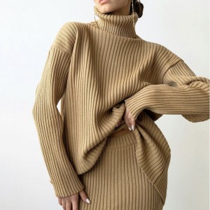 Winter new fashion custom women's warm turtleneck pullover knitted midi skirt 2 piece suit women's skirt sweater