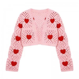 Hollow-out crochet short female sweater love embroidery knitting cardigan sweater