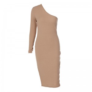 Custom Spring Off Shoulder Long Polyester Sweater Women's Clothing Fashion Solid Color Knit Diagonal Slit Sexy Dress