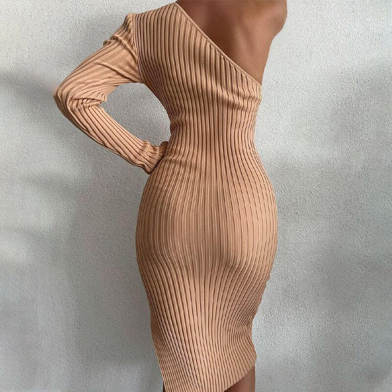 Custom Spring Off Shoulder Long Polyester Sweater Women's Clothing Fashion Solid Color Knit Diagonal Slit Sexy Dress