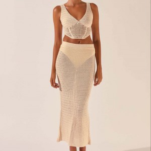 2023 New Women's Clothing Crochet Hollow Knitting V-neck Sleeveless Vest Crop Top Sexy Hip Skirt 2 Piece Suit Dress Sweater