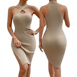 Summer custom Women knit dress sexy neck design women solid color slip dresses lady skirt knitted Sweater Dress