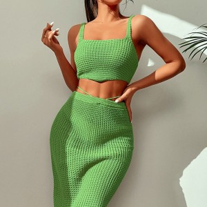 Custom Services Vacation Style Knitted Cover Up Sleeveless Maxi Two Piece Top Skirt Set