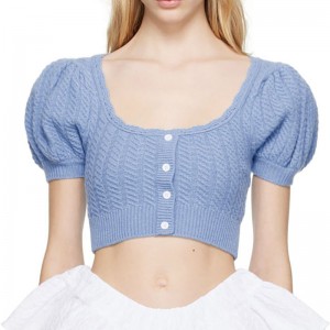 Woolen sweater 2023 summer new low crew neck ribbed knitted hem bubble sleeve pullover sweater