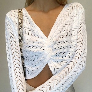 White V-neck pullover hollowed out long sleeved fashion show thin sexy knitted women's sweater