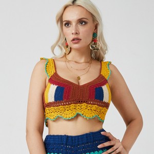 Deep V-Neck Handmade Crochet Sexy Women Sweater Crop Top Knitted clothes