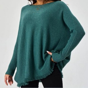 Pullover Ribbed Sleeve Raw Hem Fashion Women Sweaters