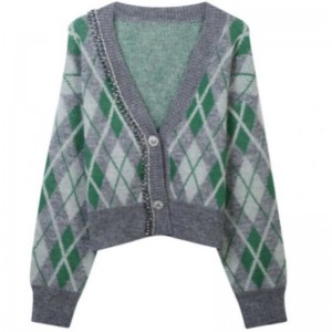 Argyle Jacquard Knitted Mohair Cardigan Sweater Women Knitwear