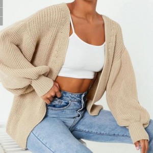 Knitted Cardigan with Long Balloon Sleeves and an Open Front